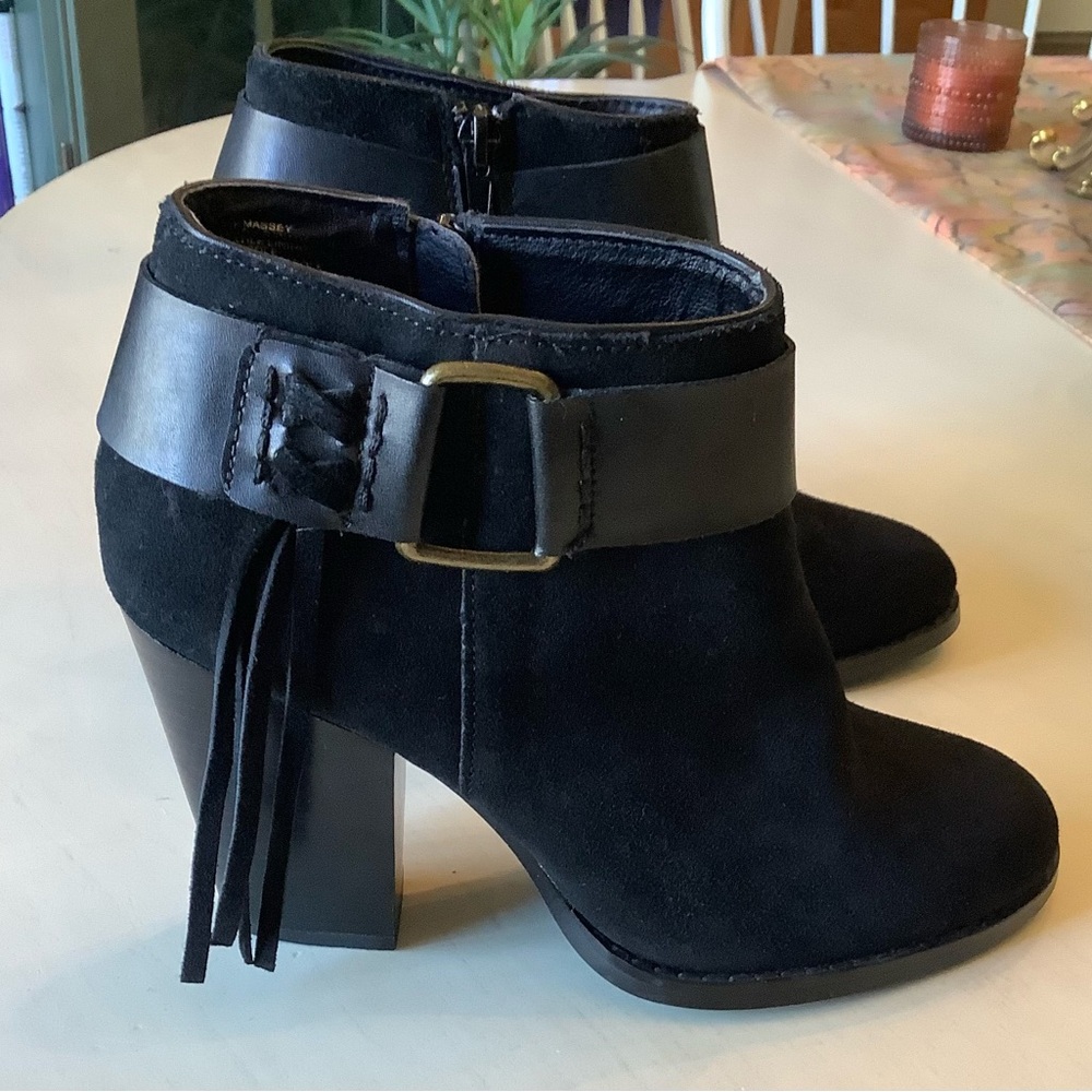 Kensie Black Heeled Suede Leather Festival Western Booties With Tassels Size 8